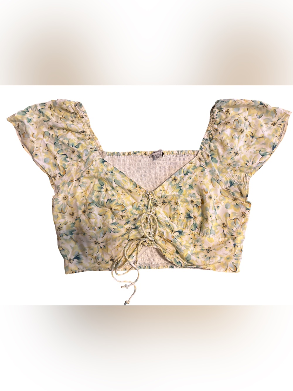 American Eagle Outfitters Yellow and Green Floral Lace-Up Crop Top